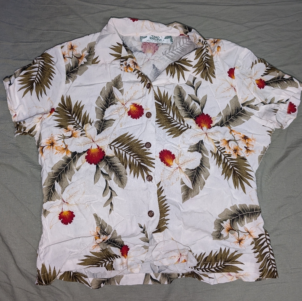 Two Palms Floral Women's Hawaiian Shirt Small White/Green